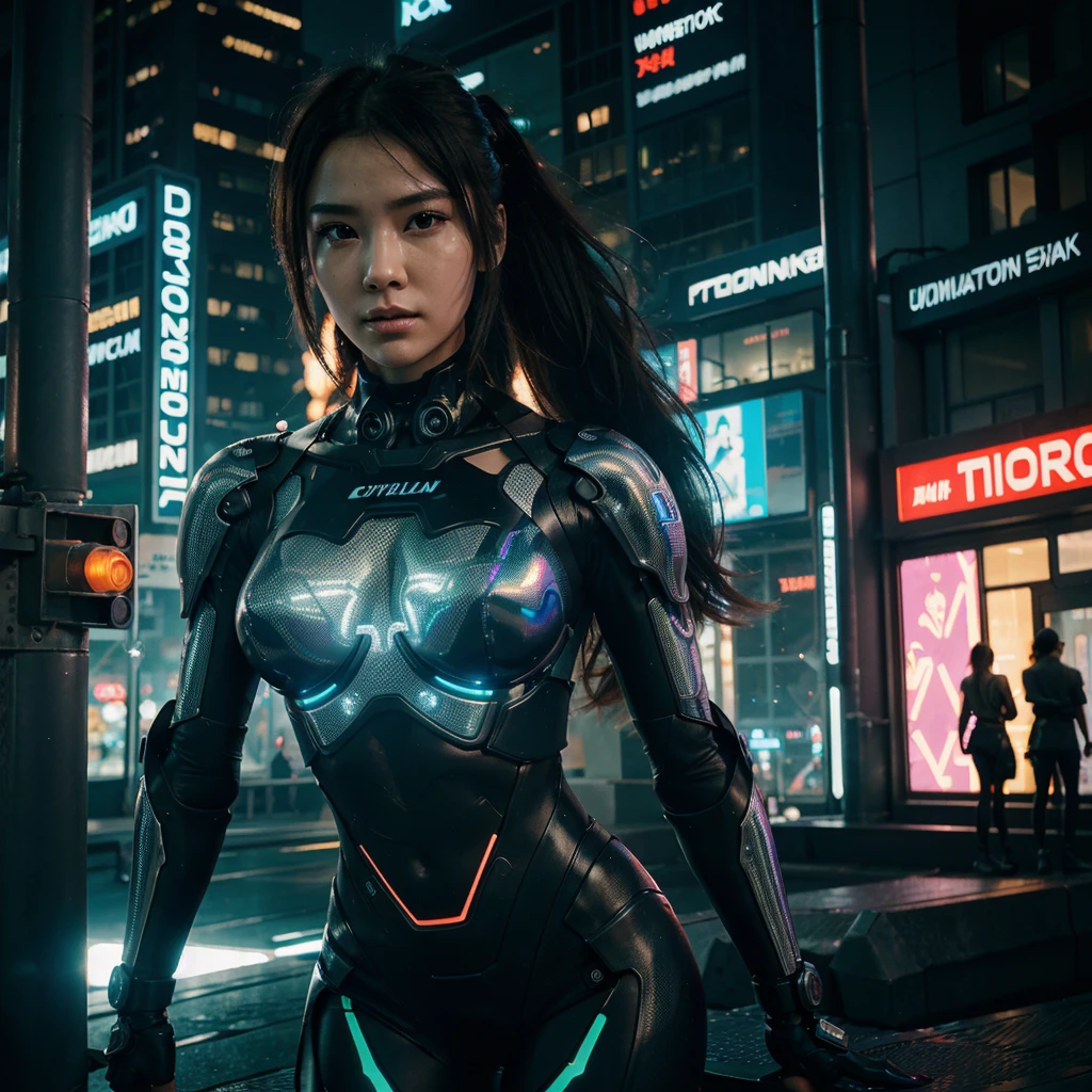Describe the female corean figure with a focus on her cybernetic enhancements and futuristic attire. Emphasize the sleek integration of technology with her humanoid form, detailing glowing circuitry, metallic textures, and possibly translucent panels revealing inner workings. Highlight elements of her expression that convey both human emotion and machine-like precision.upper body,angel wings,
Set the scene in a cyberpunk cityscape characterized by neon-lit skyscrapers, bustling crowds of augmented individuals, and hovering vehicles. Include gritty alleyways adorned with holographic graffiti and intricate digital billboards displaying advertisements for futuristic technologies.
