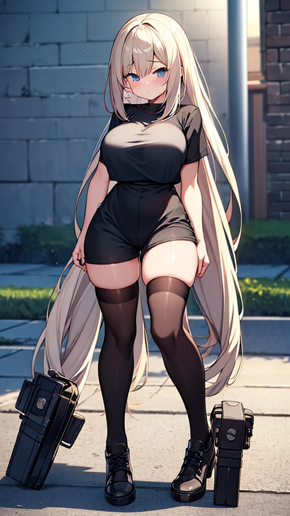 Full body image, front, One girl, 18-year-old, Mix 4, (32K, RAW Photos, Highest quality, masterpiece:1.2), (Anime-like, photoAnime-like:1.37), cute, Short sleeve T-shirt,Shorts,Black knee socks, night, rain, Humidity, Professional Lighting, Photon Mapping, Radio City, Physically Based Rendering, Super Resolution, (Big Breasts:1.2), {{The biological weapon that had preyed on the younger sister took her place and reunited with the older brother, The rebellious little sister has become the obedient little sister}}, Girl Skull, whole body, NSFW
