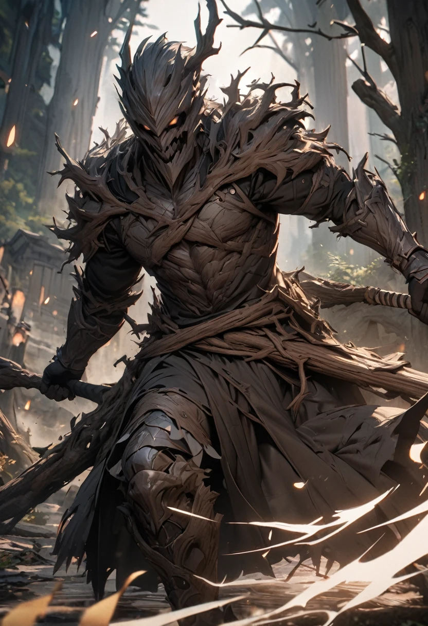 masterpiece, 8k, best quality, highly detailed, a human male warrior wielding a club that's made of ghostly wood