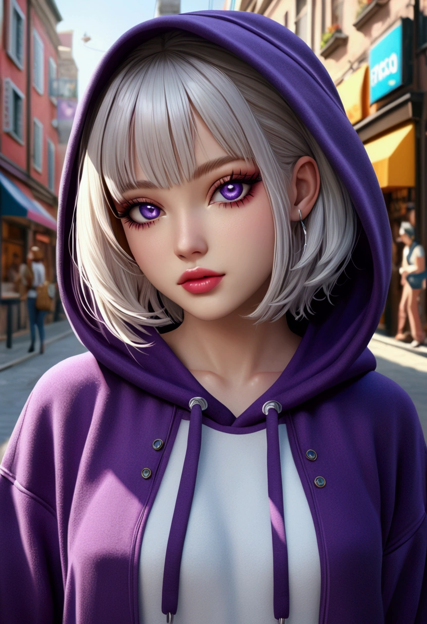 cute anime girl, white short hair, purple eyes, hoodie, streaming setup, vtuber, street style, (best quality,4k,8k,highres,masterpiece:1.2),ultra-detailed,(realistic,photorealistic,photo-realistic:1.37),cinematic lighting,vibrant colors,highly detailed face,beautiful detailed eyes,beautiful detailed lips,extremely detailed eyes and face,long eyelashes,intricate details,dynamic pose,vibrant colors,soft lighting