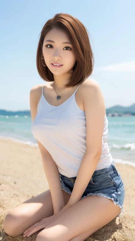 (((Tabletop, Highest quality, shape, Very detailed, Body with detailed bone structure、Delicately drawn hands and feet))), (((High resolution, 8k wallpaper, Perfect dynamic composition、No blur)))、Summer sunny sky、blue sea、Sandy Beach、(Background is sky:1.9)、Japanese women、30 years old、Beautiful attention to detail, cute、smile、short hair、mini skirt、T-Shirts、((Cleavage:0.5)), Arms under chest、Spread your legs out to the side、Face and body facing forward、She looks shy in front of the camera