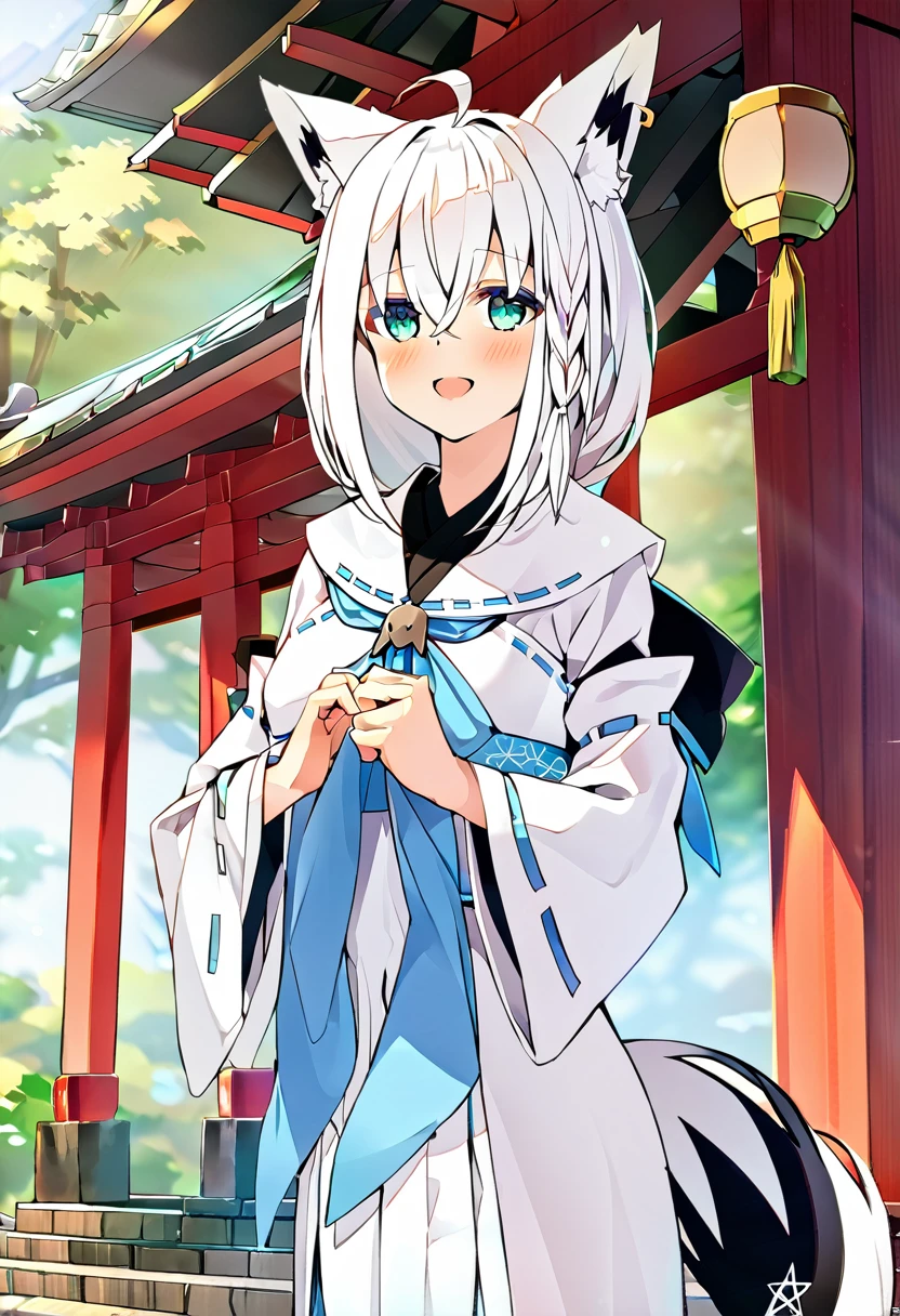 one girl, Shirakami Fubuki, fox ears, white hair, shrine maiden