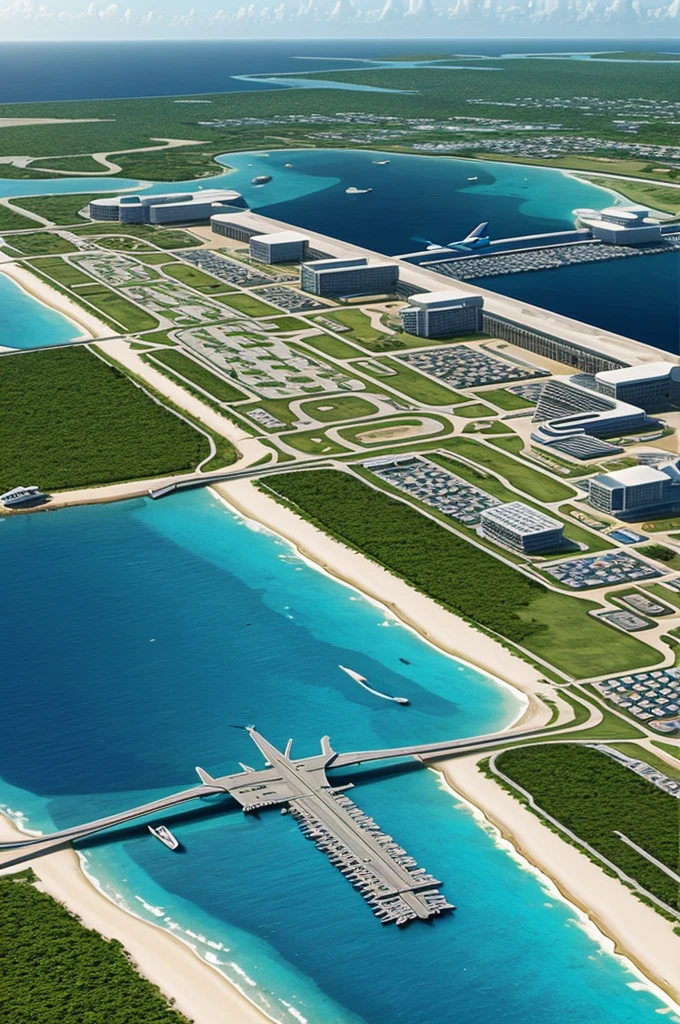 Make a Caribbean-type city on the seashore with a modern airport 
