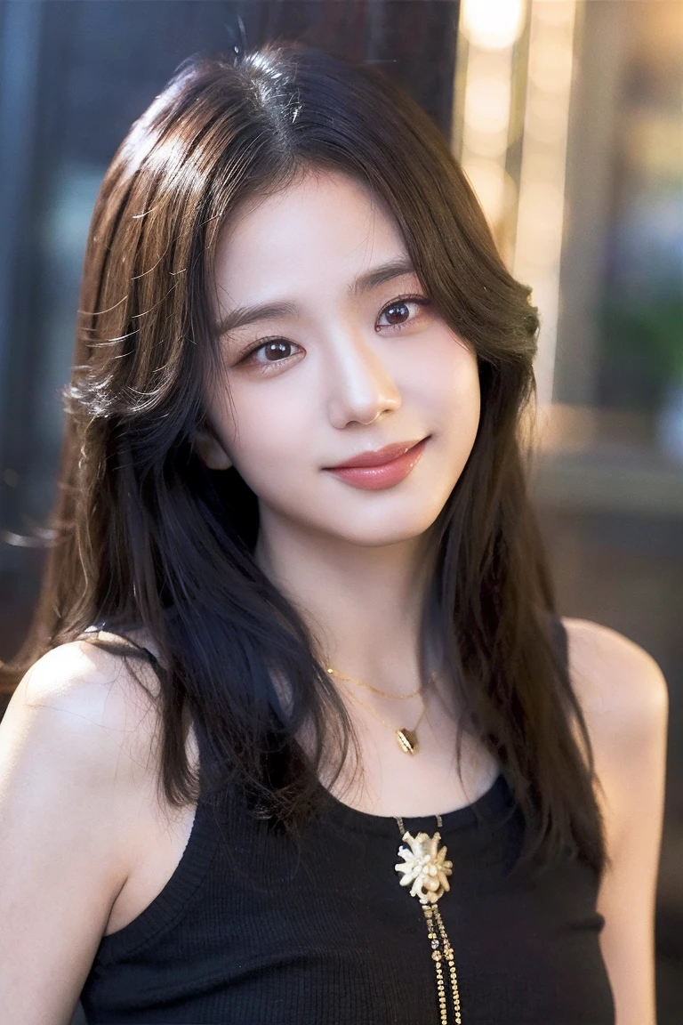 (masterpiece, best quality, ultra-detailed, highres, 4k),(beautiful detailed eyes),(very detailed face),(1girl),HDR,long hair, shorts, phone, brown eyes, brown hair, cellphone, bracelet, tank top, jewelry, watch, lips, solo focus, nail polish, blurry background, smile, wristwatch, realistic, blurry, looking at viewer