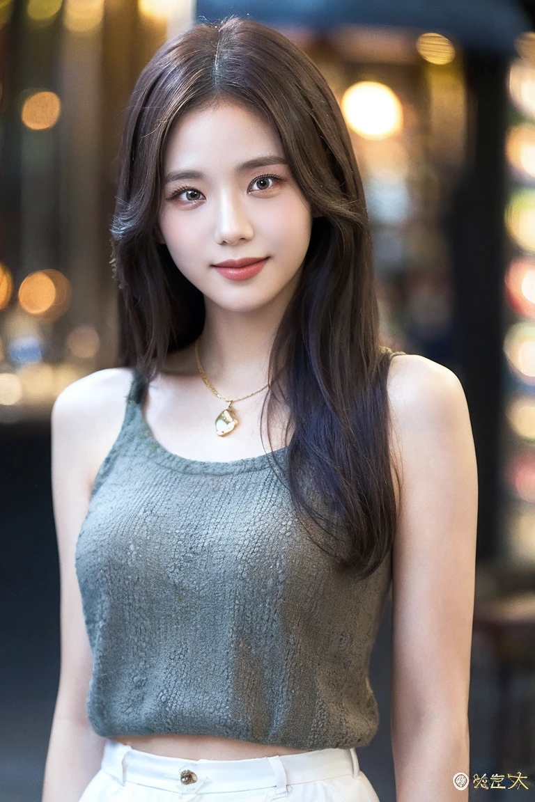 (masterpiece, best quality, ultra-detailed, highres, 4k),(beautiful detailed eyes),(very detailed face),(1girl),HDR,long hair, shorts, phone, brown eyes, brown hair, cellphone, bracelet, tank top, jewelry, watch, lips, solo focus, nail polish, blurry background, smile, wristwatch, realistic, blurry, looking at viewer