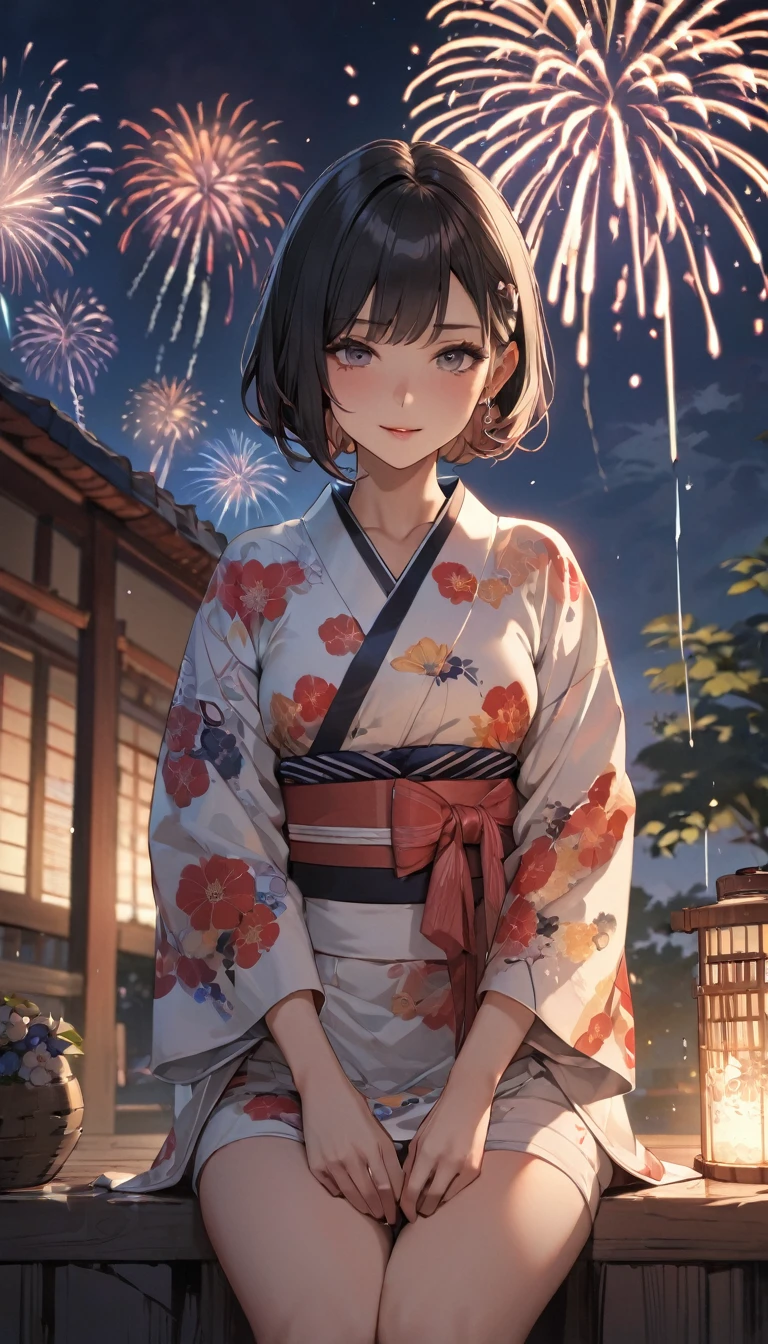 (irrational solution:1.8)、(High resolution:1.4)、(masterpiece:1.4)、(Very detailed:1.3)、(1 female:1.3)、(alone:1.4)、firework、Short Bob、ブラックShort Bob、kimono、I'm looking forward to、close your eyes、smile、shinkai makoto'Wind of Light、Face close-up、Ultra-fine Illustration、Vibrant colors、Cinematic Light、Exciting light production、Intricate details、Big underarm breasts、hairpin、kimono、happiness、smile、View from below,moon