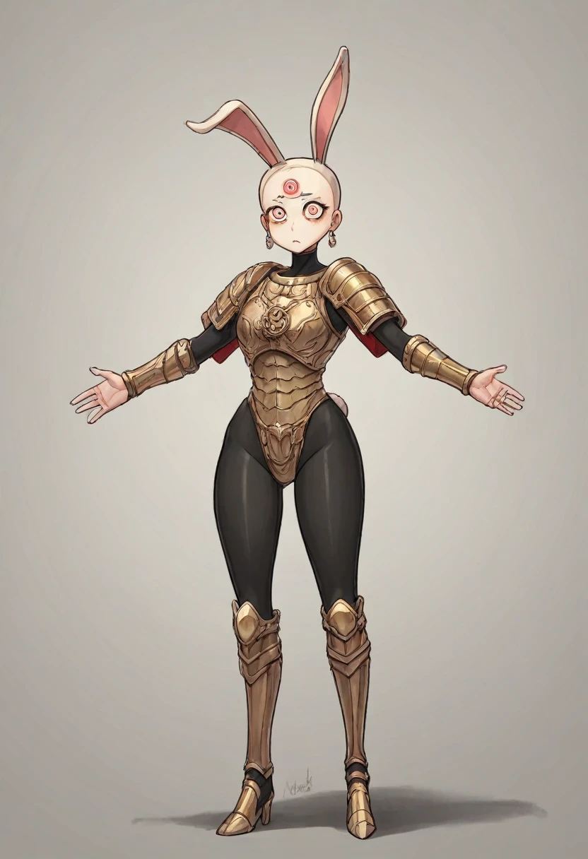 ((masterpiece)),(((Best quality))), full body, Tall slender girl, (Pale strong body:1.7), Amber Wizard, Robe with Arcane Glyphs, Mysterious glyphs cover the mantle, wide hips, broad shoulders, (Body, black tight armored clothing;:1.4), (bunny face:1.5) , (red expressive eyes), Earrings, source_anime,simple background, (blushing:0.5)