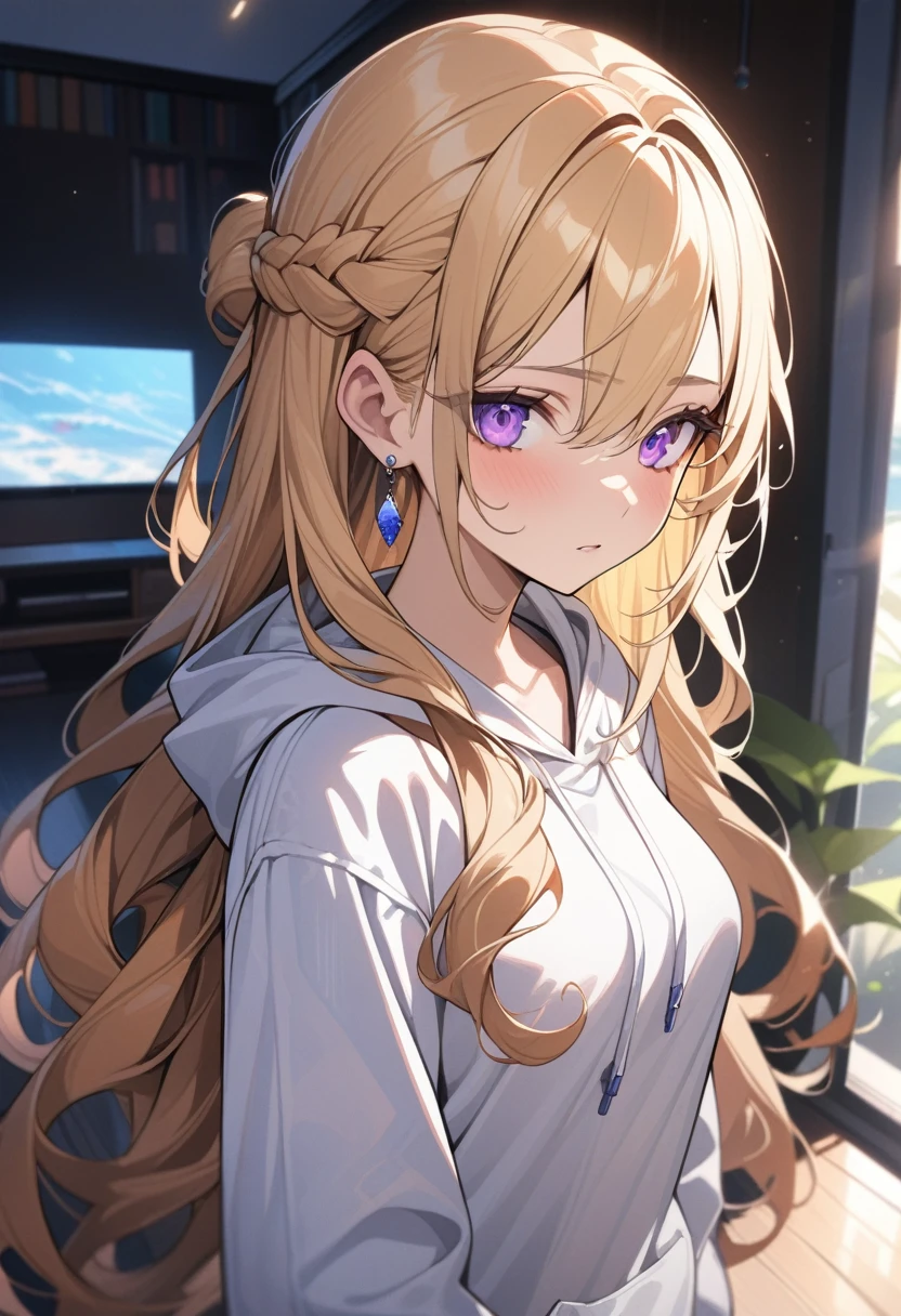 masterpiece, best quality, extremely detailed, ultra detailed, flat anime, 2D,
1girl, (young adult:1.2),blonde hair, (semi-long hair:1.2), curly hair, french braid, medium breasts, purple eyes, tsurime, height 1.7meters,
white hooded sweatshirt, jeans, earring,bracelet, long sleeves,socks,
very interesting,
upper body, portrait, (dynamic:1.2),
summer, livingroom, 12AM., standing