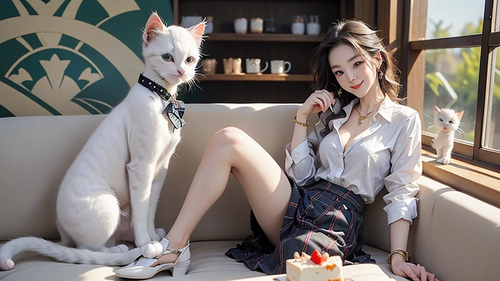 8k、RAW Photos、Highest quality、Super detailed、Super Resolution、Ultra HD、8k wallpaper、Amazing details
(((((White kitten)))))
A girl in a blazer uniform ((White blouse with formal collar, Blue Blazer,
Red Check Skirt, Red checkered ribbon on blouse)), Complete limbs, Full Finger,
(((((Inside the Starbucks store)))))、((16 year old female student))、(((((Eat cake、Drink coffee、smile)))))、(((Heart Necklace、Gold bracelet)))
(((Emphasize cleavage)))
(((((Woman sitting at the window seat)))))
((((Full body photo、The whole body is visible、Full body portrait))))