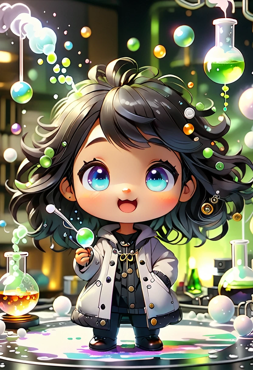 Baby Chibi MASCOT, atoms, Molecules , has black hair , character features , Blind box style and model with popular market style, The sunlight shines, , hyper qualit, sharp features, Resolução ultra HD e 8K,Cool Hand Drawn Illustration，fly away (Inside Out Disgusting), Create a series of best quality cute chibi dolls,ultra detali,realisitic,Science Laboratory,Chemical experiment,ultra HD, chemical equipment,scientists working,cups,UHD Bunsen burner ,Microscope,laboratory glassware,measuring cylinders,labcoats,NERD ROUND Glasses ,science books,Periodic table,scientific research,discoveries,new inventions,innovation,apprenticeship,education,Scientific culture wears coat with details of buttons and brooches , her coat is charming and cute with ultra chemical details ,Curiosidade,Technological advancements,swirly vibrant colors,soft lighting,modern laboratory,nerdy atmosphere,laboratory instruments,hypothesis testing,Scientific method,symbolic representation,Critical thinking,experiments ,precision,precision,details Intricate,impressive scientific setup,natural elements,exploration of the mysteries of science,unlocking the secrets of nature. Baby chibi is happy and excited, remember to use chemical laboratory glassware, The chalk board behind the cute chibi baby is written the structure of caffeine in white chalk 18K UHD