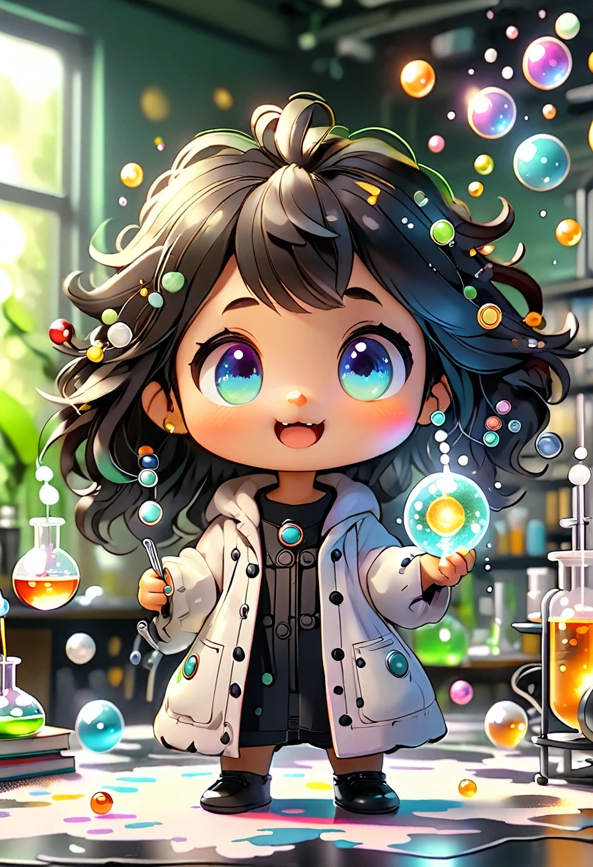 Baby Chibi MASCOT, atoms, Molecules , has black hair , character features , Blind box style and model with popular market style, The sunlight shines, , hyper qualit, sharp features, Resolução ultra HD e 8K,Cool Hand Drawn Illustration,fly away (Inside Out Disgusting), Create a series of best quality cute chibi dolls,ultra detali,realisitic,Science Laboratory,Chemical experiment,ultra HD, chemical equipment,scientists working,cups,UHD Bunsen burner ,Microscope,laboratory glassware,measuring cylinders,labcoats,NERD ROUND Glasses ,science books,Periodic table,scientific research,discoveries,new inventions,innovation,apprenticeship,education,Scientific culture wears coat with details of buttons and brooches , her coat is charming and cute with ultra chemical details ,Curiosidade,Technological advancements,swirly vibrant colors,soft lighting,modern laboratory,nerdy atmosphere,laboratory instruments,hypothesis testing,Scientific method,symbolic representation,Critical thinking,experiments ,precision,precision,details Intricate,impressive scientific setup,natural elements,exploration of the mysteries of science,unlocking the secrets of nature. Baby chibi is happy and excited, remember to use chemical laboratory glassware, The chalk board behind the cute chibi baby is written the structure of caffeine in white chalk 18K UHD