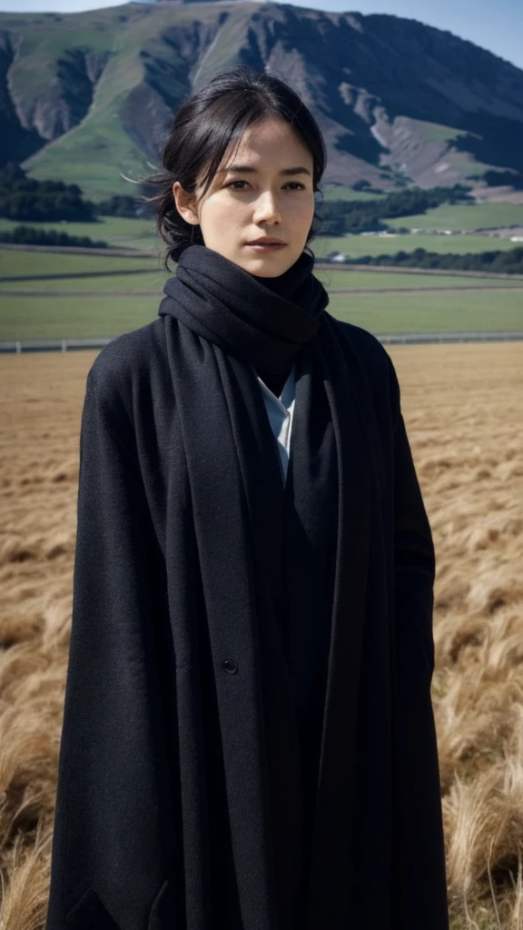 8k, best quality, masterpiece, realistic, ultra detail, photo realistic, Increase quality,
a photo of a girl standing in a field with a scarf, in the style of dark and brooding designer, voluminous mass, photobash, serene faces, jagged edges, navy, natural beauty, close-up shot