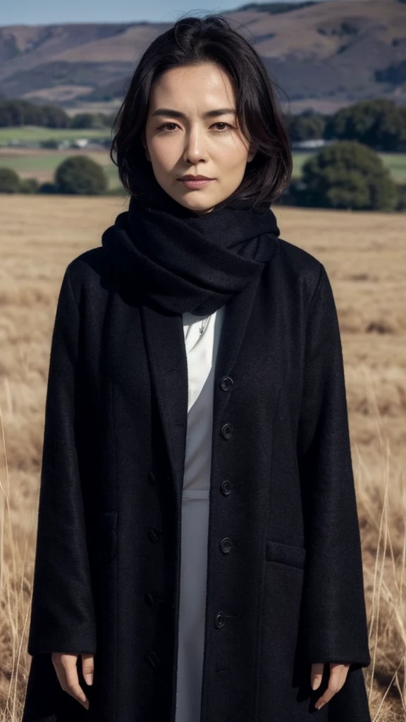 8k, best quality, masterpiece, realistic, ultra detail, photo realistic, Increase quality,
a photo of a girl standing in a field with a scarf, in the style of dark and brooding designer, voluminous mass, photobash, serene faces, jagged edges, navy, natural beauty, close-up shot