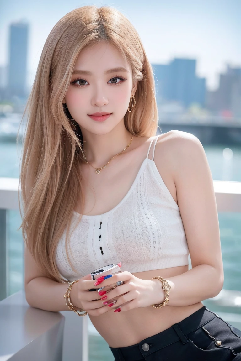 (masterpiece, best quality, ultra-detailed, highres, 4k),(beautiful detailed eyes),(very detailed face),(1girl),HDR,long hair, shorts, phone, brown eyes, blone hair, cellphone, bracelet, tank top, jewelry, watch, lips, solo focus, nail polish, blurry background, smile, wristwatch, realistic, blurry, looking at viewer
