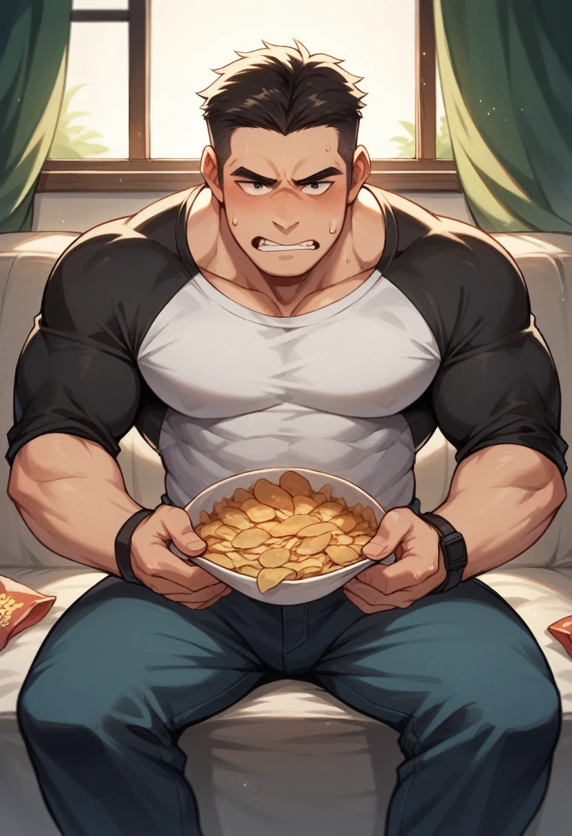 (animated movie) Depressed looking man sitting alone in his room playing video games and eating potato chips