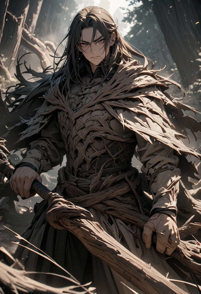 masterpiece, 8k, best quality, highly detailed, a human male warrior wielding a club that's made of ghostly wood