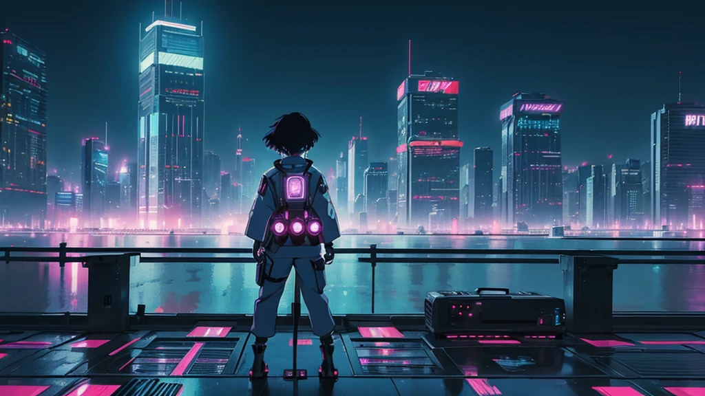 Futuristic cityscape in cyberpunk anime style for electronic music cover. Neon skyscrapers rising into a night sky filled with holographic moons and floating drones. Flooded streets reflect the city lights, creating a mirror effect. Spotlight, a robotic DJ plays on a floating console. Predominant Colors: electric blues, neon purples and intense oranges. Detailed and fluid animation style, inspirado en 'Ghost in the Shell' y 'Akira'. Vibrant and energetic atmosphere with a touch of dystopia. Composition that balances the technological elements with the central figure of the DJ.