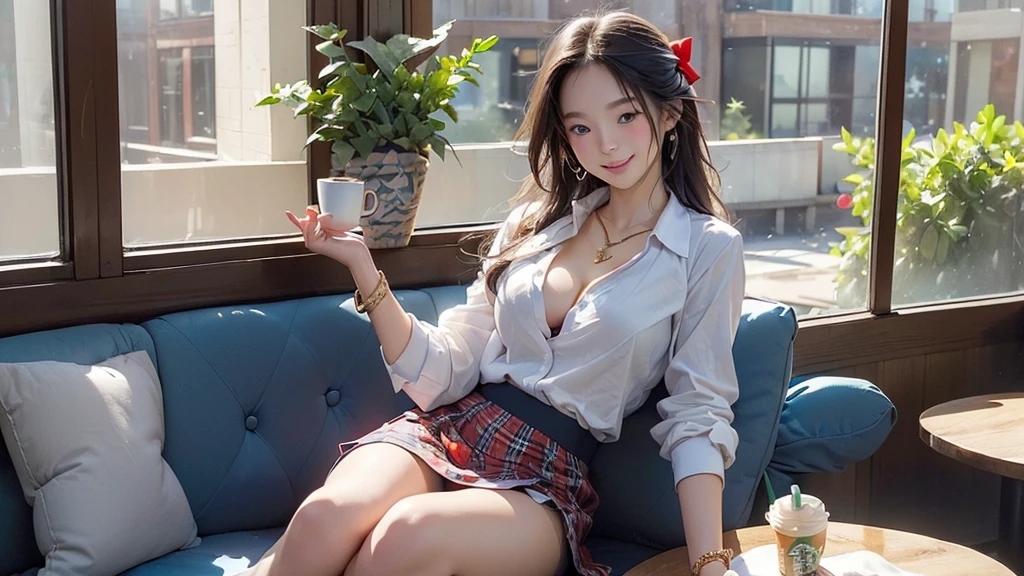 8k、RAW Photos、Highest quality、Super detailed、Super Resolution、Ultra HD、8k wallpaper、Amazing details
(((((kitten)))))
A girl in a blazer uniform ((White blouse with formal collar, Blue Blazer,
Red Check Skirt, Red checkered ribbon on blouse)), Complete limbs, Full Finger,
(((((Inside the Starbucks store)))))、((16 year old female student))、(((((Eat cake、Drink coffee、smile)))))、(((Heart Necklace、Gold bracelet)))
(((Emphasize cleavage)))
(((((Woman sitting at the window seat)))))
((((Full body photo、The whole body is visible、Full body portrait))))