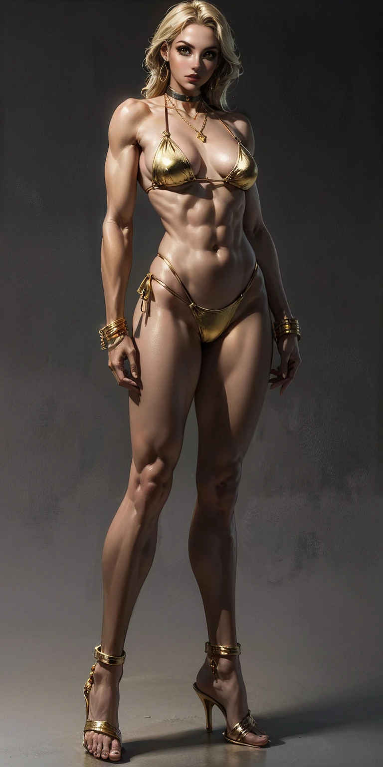 Background: Plain Grey Background
Body: Full body toe to head revealing abdominal muscles
Attire: Golden bikini, Golden handcuffs on wrists, Black leather choker with a golden heart pendant
Accessories: Golden large earrings, golden chain necklace