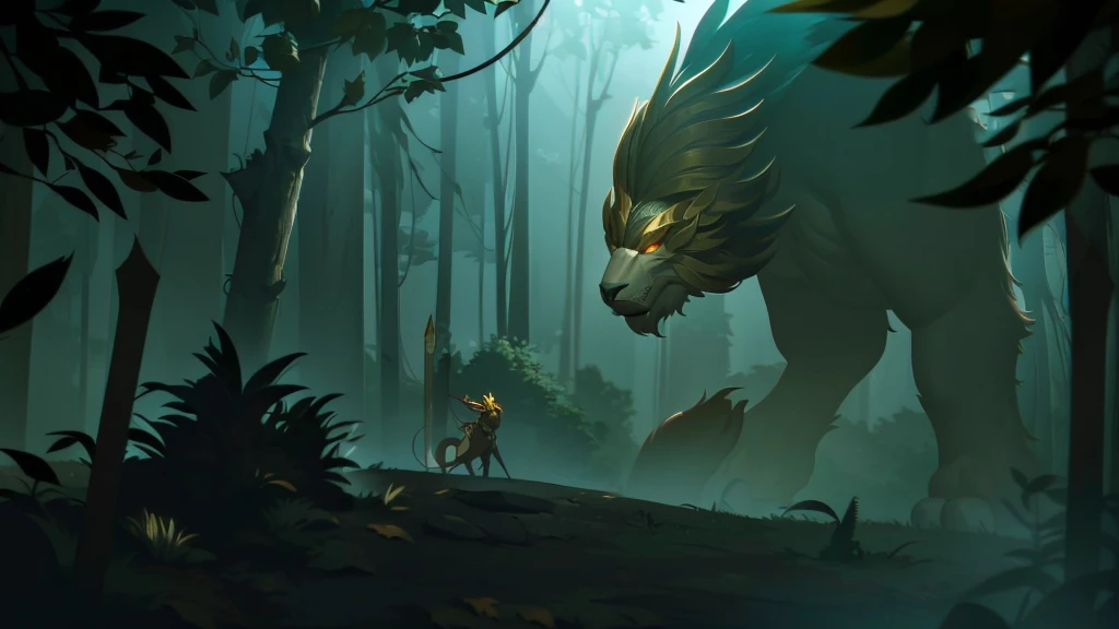 in a dense and gloomy forest, a mystical creature stands out. Will do, a stunning fusion of lion and eagle, similar to a griffin, stands majestically with its powerful wings half-open and sharp claws stuck into the ground. Its feathers shine golden in the moonlight, enquanto seus olhos, intensos e penetrantes, carefully monitor their surroundings.
Around the creature, a group of medieval adventurers approaches cautiously. Dressed in leather and metal armor, the warriors are armed with swords, Spears and bows. Their faces show determination and apprehension as they strategically surround the beast.. an archer, partially hidden behind a tree, pull the bowstring, looking carefully. A warrior, wielding a long sword, prepares to attack from the right, while another, with a robust shield, advance slowly to the left, ready to protect your companions.
The tension in the scene is palpable, with the air full of expectation and imminent danger. The leaves and branches beneath the adventurers' feet make a slight noise., warning the creature, that lets out a thunderous roar, revealing its sharp fangs. It's a moment of climax, where the encounter between nature's ferocity and human bravery is about to unfold in an epic battle.