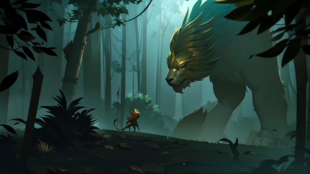 in a dense and gloomy forest, a mystical creature stands out. Will do, a stunning fusion of lion and eagle, similar to a griffin, stands majestically with its powerful wings half-open and sharp claws stuck into the ground. Its feathers shine golden in the moonlight, enquanto seus olhos, intensos e penetrantes, carefully monitor their surroundings.
Around the creature, a group of medieval adventurers approaches cautiously. Dressed in leather and metal armor, the warriors are armed with swords, Spears and bows. Their faces show determination and apprehension as they strategically surround the beast.. an archer, partially hidden behind a tree, pull the bowstring, looking carefully. A warrior, wielding a long sword, prepares to attack from the right, while another, with a robust shield, advance slowly to the left, ready to protect your companions.
The tension in the scene is palpable, with the air full of expectation and imminent danger. The leaves and branches beneath the adventurers' feet make a slight noise., warning the creature, that lets out a thunderous roar, revealing its sharp fangs. It's a moment of climax, where the encounter between nature's ferocity and human bravery is about to unfold in an epic battle.