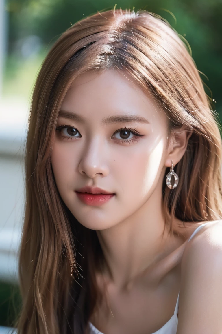 (masterpiece, best quality, ultra-detailed, highres, 4k),(beautiful detailed eyes),(very detailed face),(1girl),HDR,long hair, shorts, phone, brown eyes, blone hair, cellphone, bracelet, tank top, jewelry, watch, lips, solo focus, nail polish, blurry background, smile, wristwatch, realistic, blurry, looking at viewer