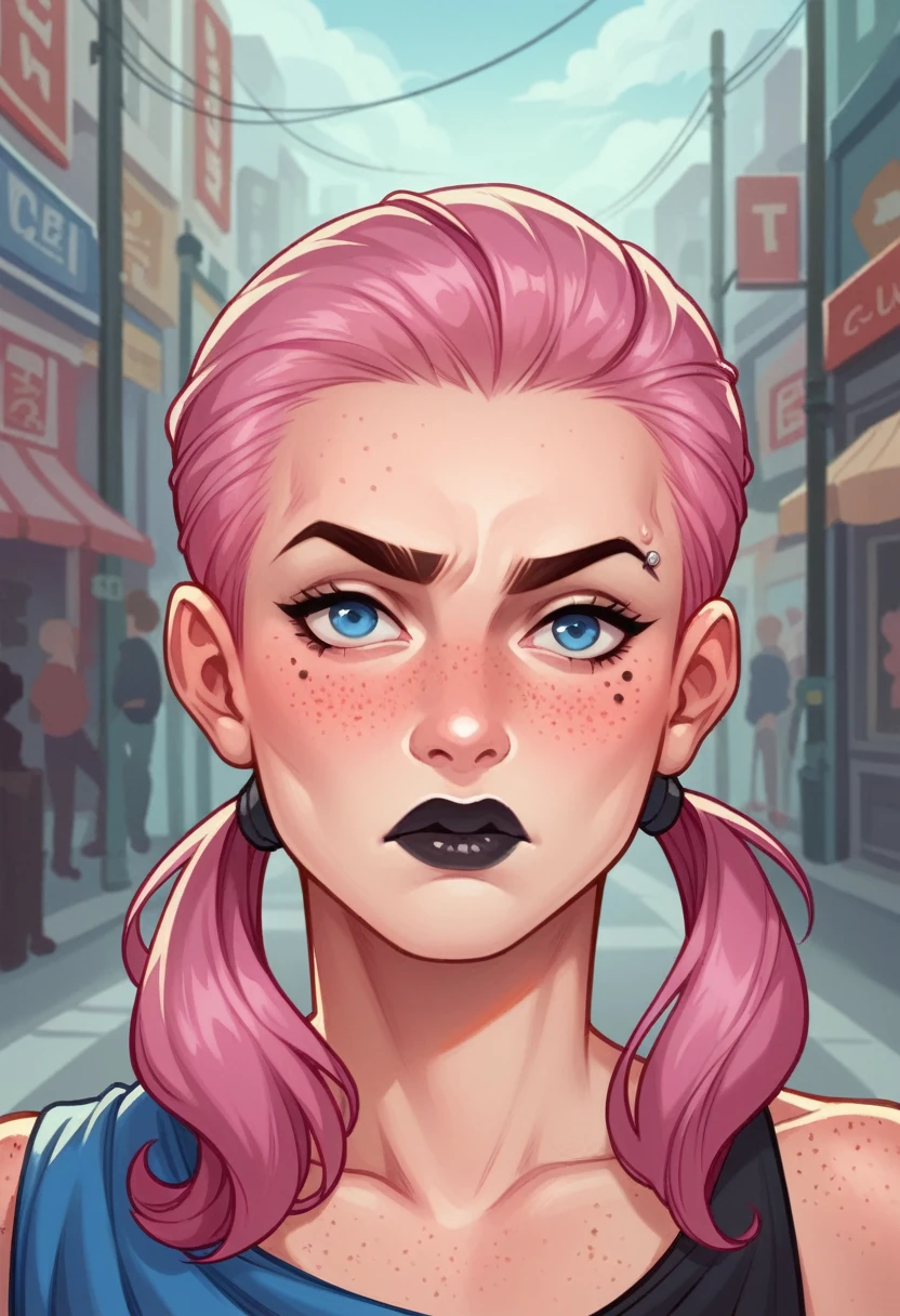 Michael Jackson, at a busy cluttered city street background, daytime, pale blue eyes, detailed short pink hair with pigtails and shaved sides haircut, freckles, blushing, pouting expression, single eyebrow raised, eye shadow, black lipstick,, looking to the side, comic book style, flat shaded, prominent comic book outline linework