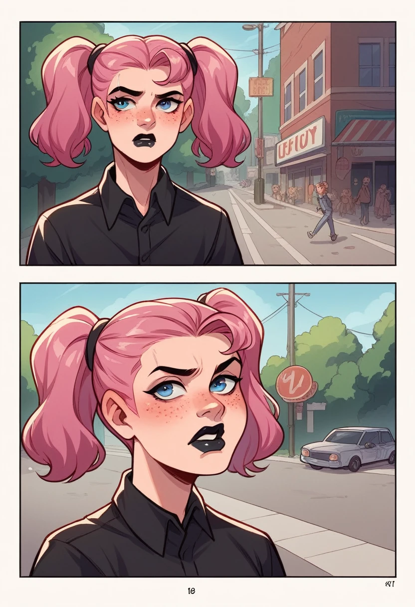 Michael Jackson, at a busy cluttered city street background, daytime, pale blue eyes, detailed short pink hair with pigtails and shaved sides haircut, freckles, blushing, pouting expression, single eyebrow raised, eye shadow, black lipstick,, looking to the side, comic book style, flat shaded, prominent comic book outline linework