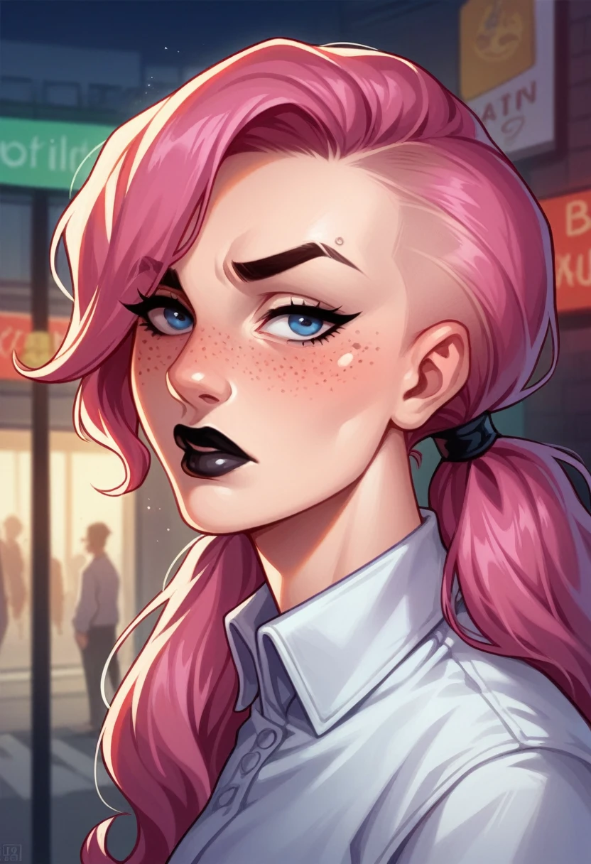 Michael Jackson, at a busy cluttered city street background, daytime, pale blue eyes, detailed short pink hair with pigtails and shaved sides haircut, freckles, blushing, pouting expression, single eyebrow raised, eye shadow, black lipstick,, looking to the side, comic book style, flat shaded, prominent comic book outline linework
