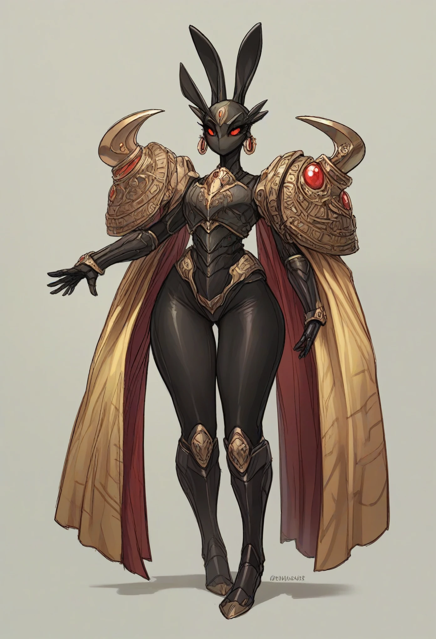 check_9,check_8_up,check_7_up,check_6_up,check_5_up,check_4_up source_obvious, full body, Tall slender girl, (Pale strong body:1.7), Amber Wizard, Robe with Arcane Glyphs, Mysterious glyphs cover the mantle, wide hips, broad shoulders, (Body, black tight armored clothing;:1.4), (bunny face:1.5) , (red expressive eyes), Earrings, source_anime,simple background, (blushing:0.5)