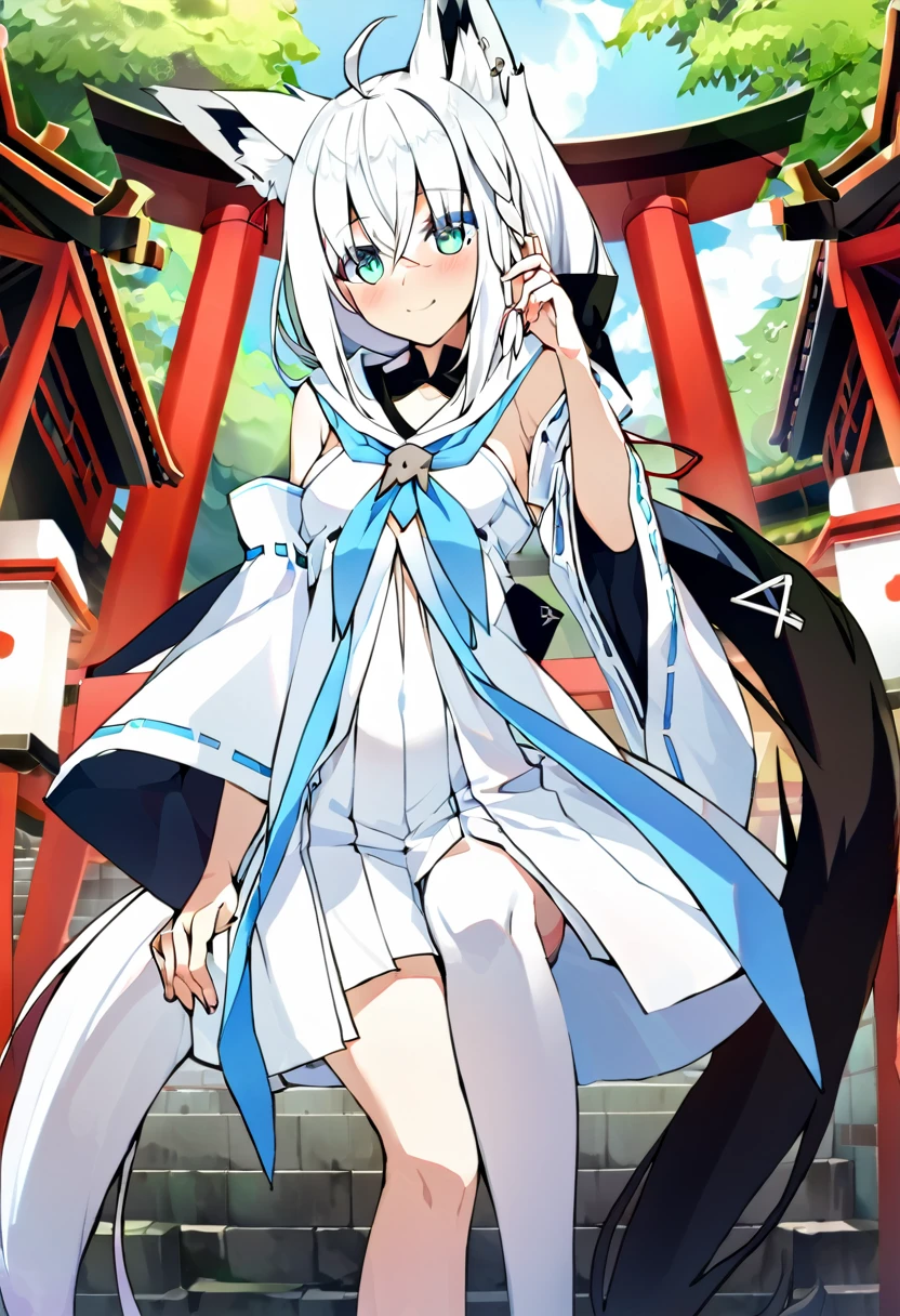 one girl, Shirakami Fubuki, fox ears, white hair, shrine maiden, legs
