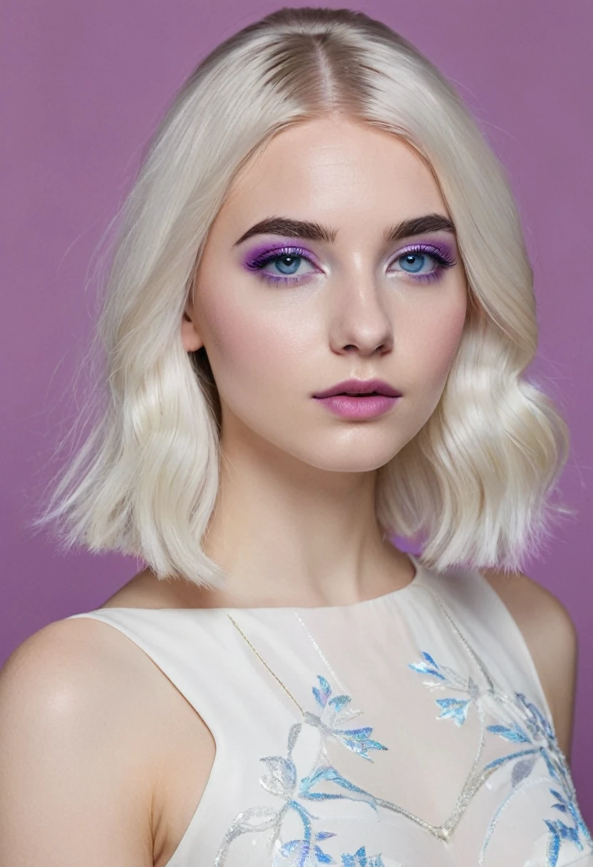 20 year old woman with platinum blonde hair, extremely white skin, semi-arched eyebrow, Oval face, wearing a white Cleopatra style dress, rosy lips, hair below shoulder length. blue colored eyes. the ends of the hair are painted a purple gradient. straight haircut. hair parted in the middle. european woman. Has a small, thin nose, angelic facial features. Wild and dark facial expression. Straight hair without any curl