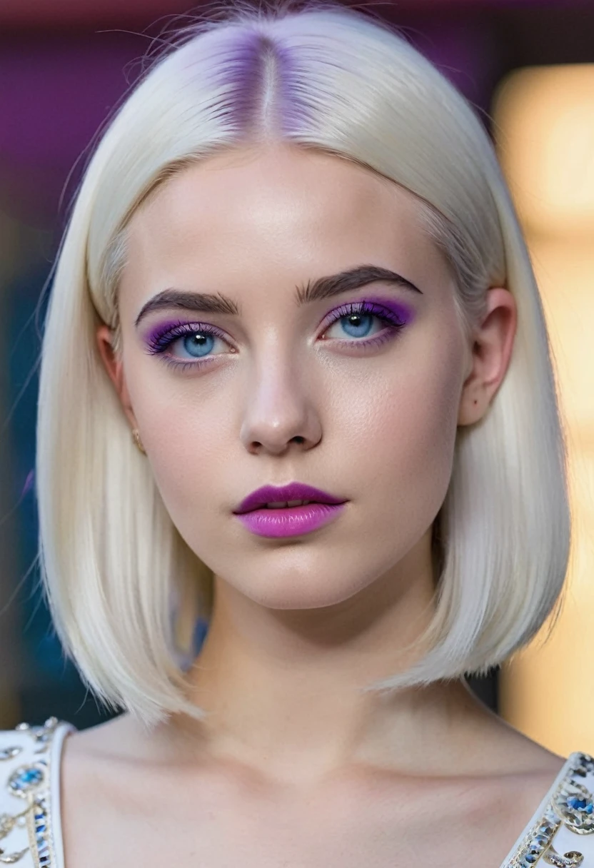 20 year old woman with platinum blonde hair, extremely white skin, semi-arched eyebrow, Oval face, wearing a white Cleopatra style dress, rosy lips, hair below shoulder length.  blue colored eyes. the ends of the hair are painted a purple gradient. straight haircut. hair parted in the middle. european  woman. Has a small, thin nose, angelic facial features. Wild and dark facial expression. Straight hair without any curl