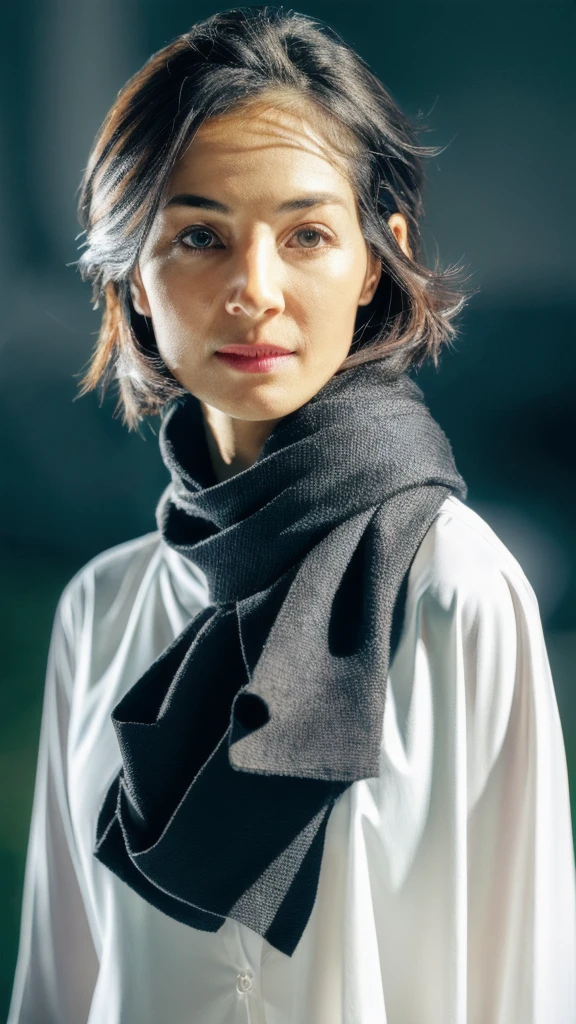 a girl standing in a field with a scarf, dark and brooding designer style, voluminous mass, photobash, serene faces, jagged edges, navy, natural beauty, close-up shot, (best quality,4k,8k,highres,masterpiece:1.2),ultra-detailed,(realistic,photorealistic,photo-realistic:1.37),HDR,UHD,studio lighting,ultra-fine painting,sharp focus,physically-based rendering,extreme detail description,professional,vivid colors,bokeh