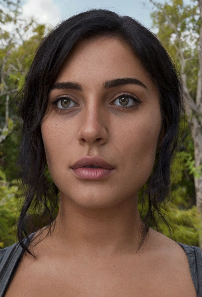 Fille latine hyper réaliste de 23 ans with des taches de rousseur, selfie d'humeur pour instagram, ultra definition, (Photorealistic: 1.4), 8k, first quality, detailed backgrounds, Delicate face, Maquillage naturel, Photo brute, iPhone, HDR, Flirter avec le spectateur, Tight clothing, fond naturel, tetas grandes, background trees, medic costume