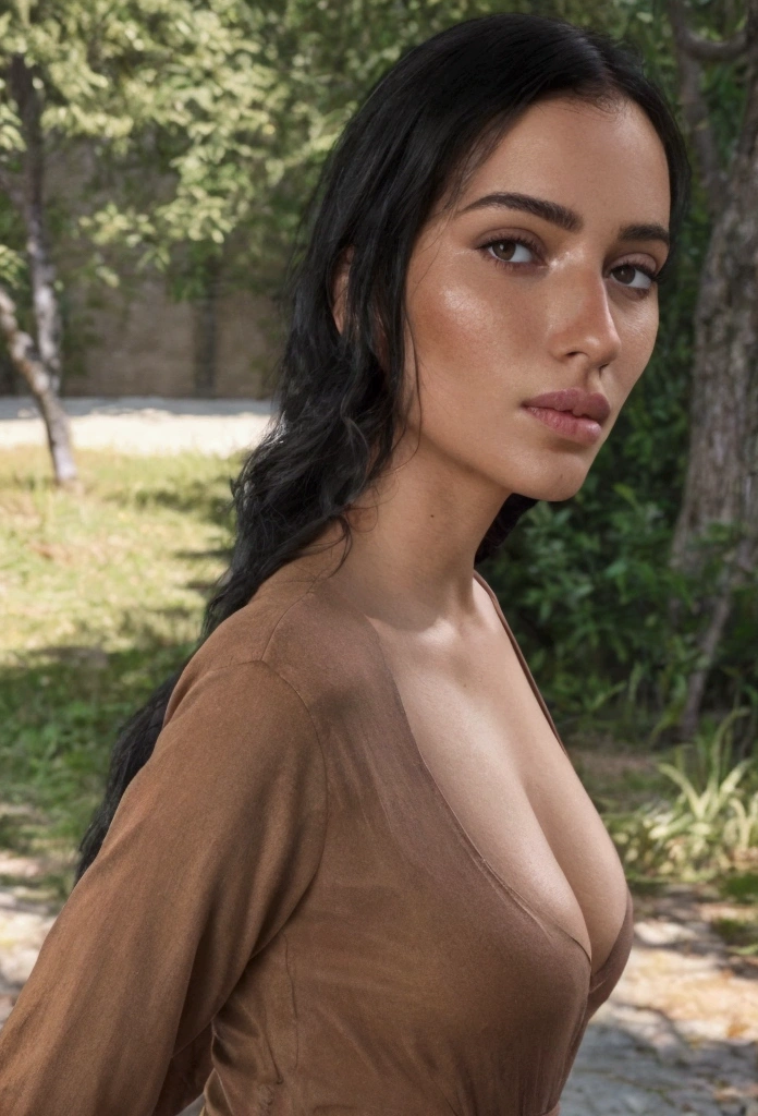 Fille latine hyper réaliste de 23 ans with des taches de rousseur, selfie d'humeur pour instagram, ultra definition, (Photorealistic: 1.4), 8k, first quality, detailed backgrounds, Delicate face, Maquillage naturel, Photo brute, iPhone, HDR, Flirter avec le spectateur, Tight clothing, fond naturel, tetas grandes, background trees, medic costume