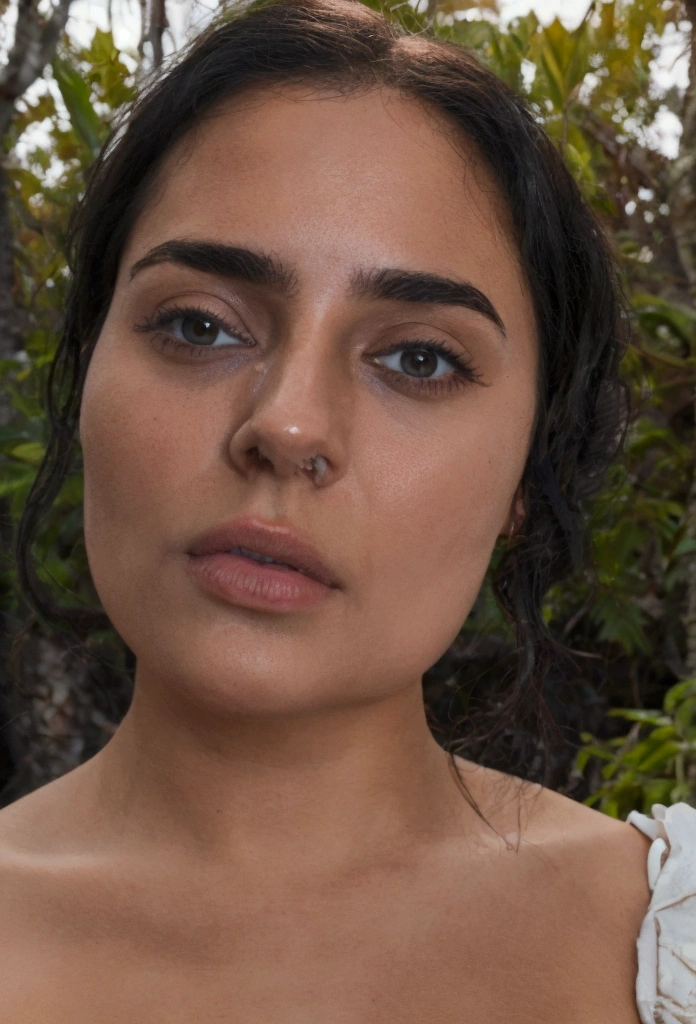 Fille latine hyper réaliste de 23 ans with des taches de rousseur, selfie d'humeur pour instagram, ultra definition, (Photorealistic: 1.4), 8k, first quality, detailed backgrounds, Delicate face, Maquillage naturel, Photo brute, iPhone, HDR, Flirter avec le spectateur, Tight clothing, fond naturel, tetas grandes, background trees, medic costume