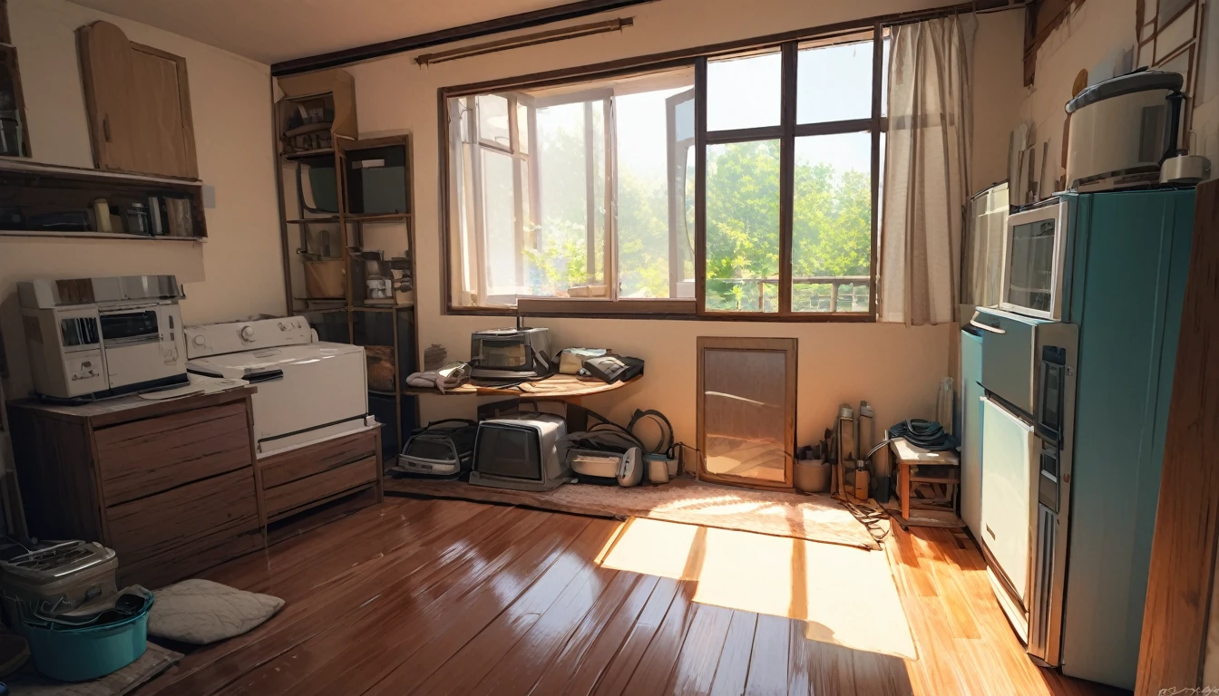 inside a warm and non-modern house, all the home appliances are old but clean, it's day time and a god ray is coming inside the house through window.