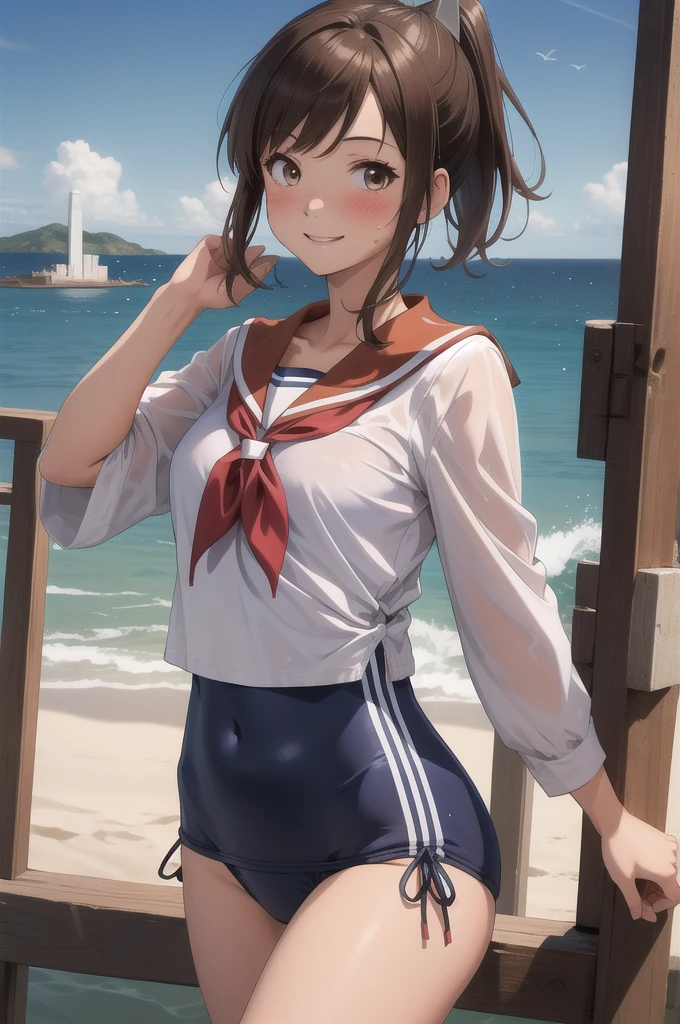 ((masterpiece)),(Highest quality),Official Art,Highly detailed CG,unity 8k wallpaper,Super detailed,Lighthouse on top of a cliff by the sea,One girl,一人w,Cowboy Shot,brown_hair,Dark Skw,Sunburn,School_Swimwear,brown_eye,smile,one piece_Swimwear,Swimwear_Down_Clothes,Sailor_collar,short_hair,Lookwg_w_Audience,blush,School_uniform,short_ponytail,