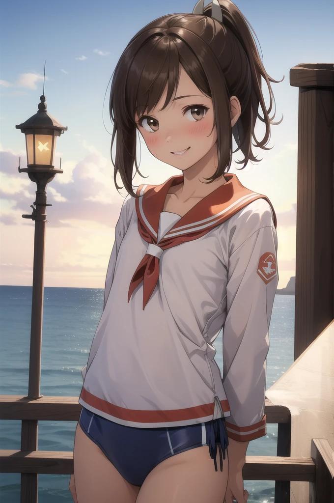 ((masterpiece)),(Highest quality),Official Art,Highly detailed CG,unity 8k wallpaper,Super detailed,Lighthouse on top of a cliff by the sea,One girl,一人w,Cowboy Shot,brown_hair,Dark Skw,Sunburn,School_Swimwear,brown_eye,smile,one piece_Swimwear,Swimwear_Down_Clothes,Sailor_collar,short_hair,Lookwg_w_Audience,blush,School_uniform,short_ponytail,