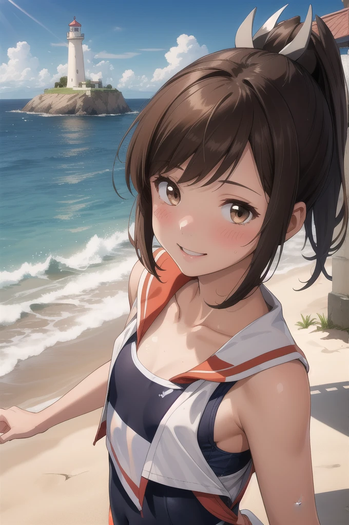 ((masterpiece)),(Highest quality),Official Art,Highly detailed CG,unity 8k wallpaper,Super detailed,Lighthouse on top of a cliff by the sea,One girl,一人w,Cowboy Shot,brown_hair,Dark Skw,Sunburn,School_Swimwear,brown_eye,smile,one piece_Swimwear,Swimwear_Down_Clothes,Sailor_collar,short_hair,Lookwg_w_Audience,blush,School_uniform,short_ponytail,