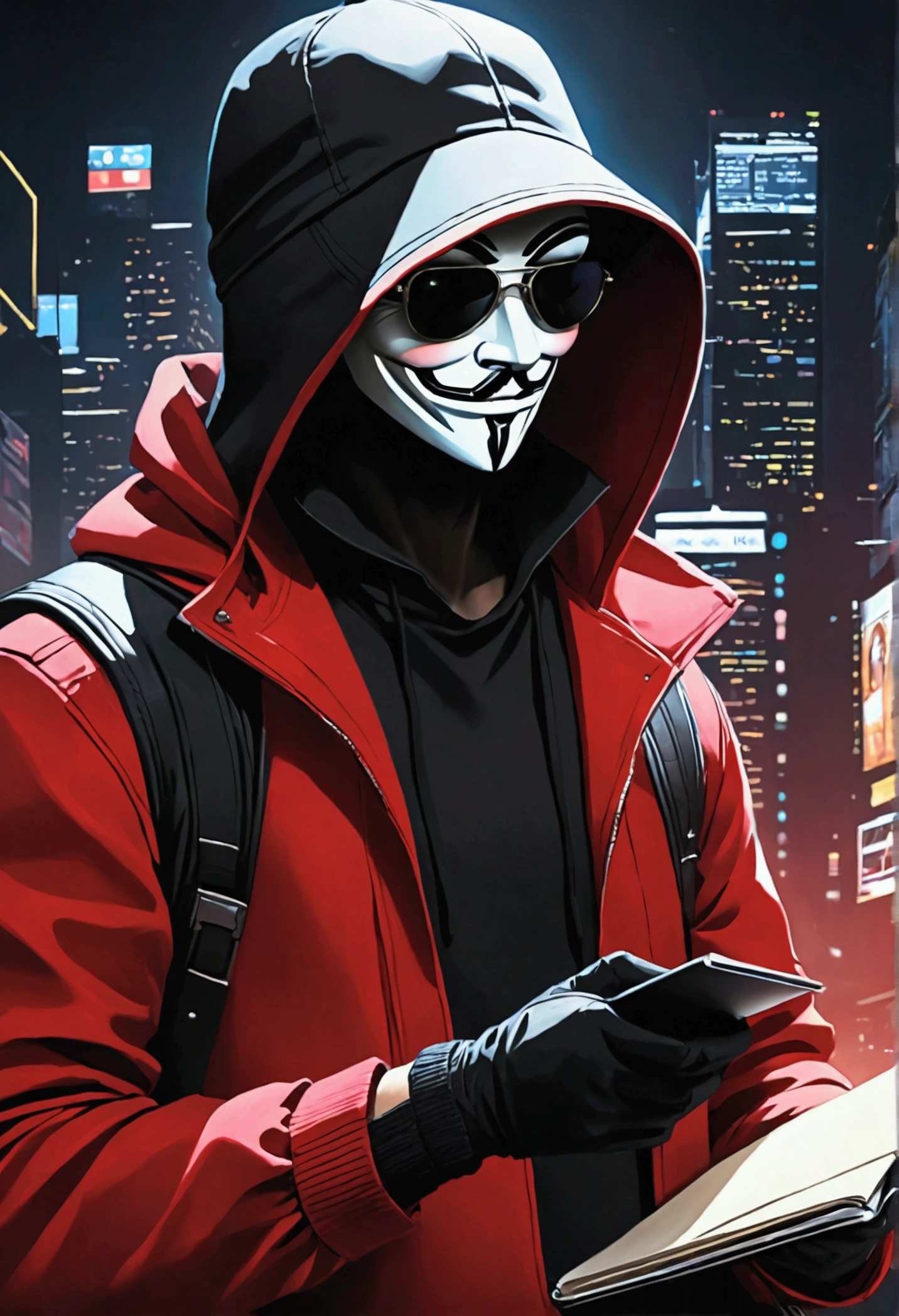 man with hood mask and sunglasses, hq 4k phone wallpaper, anonymous mask, anonymous, hacker, in a cap, with a notebook in one hand