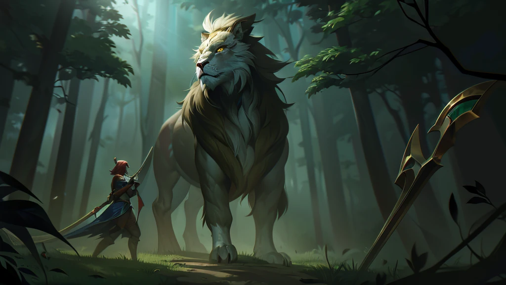 in a dense and gloomy forest, a mystical creature stands out. Will do, a stunning fusion of lion and eagle, similar to a griffin, stands majestically with its powerful wings half-open and sharp claws stuck into the ground. Its feathers shine golden in the moonlight, enquanto seus olhos, intensos e penetrantes, carefully monitor their surroundings.
Around the creature, a group of medieval adventurers approaches cautiously. Dressed in leather and metal armor, the warriors are armed with swords, Spears and bows. Their faces show determination and apprehension as they strategically surround the beast.. an archer, partially hidden behind a tree, pull the bowstring, looking carefully. A warrior, wielding a long sword, prepares to attack from the right, while another, with a robust shield, advance slowly to the left, ready to protect your companions.
The tension in the scene is palpable, with the air full of expectation and imminent danger. The leaves and branches beneath the adventurers' feet make a slight noise., warning the creature, that lets out a thunderous roar, revealing its sharp fangs. It's a moment of climax, where the encounter between nature's ferocity and human bravery is about to unfold in an epic battle.