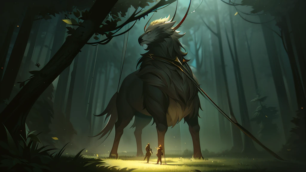 in a dense and gloomy forest, a mystical creature stands out. Will do, a stunning fusion of lion and eagle, similar to a griffin, stands majestically with its powerful wings half-open and sharp claws stuck into the ground. Its feathers shine golden in the moonlight, enquanto seus olhos, intensos e penetrantes, carefully monitor their surroundings.
Around the creature, a group of medieval adventurers approaches cautiously. Dressed in leather and metal armor, the warriors are armed with swords, Spears and bows. Their faces show determination and apprehension as they strategically surround the beast.. an archer, partially hidden behind a tree, pull the bowstring, looking carefully. A warrior, wielding a long sword, prepares to attack from the right, while another, with a robust shield, advance slowly to the left, ready to protect your companions.
The tension in the scene is palpable, with the air full of expectation and imminent danger. The leaves and branches beneath the adventurers' feet make a slight noise., warning the creature, that lets out a thunderous roar, revealing its sharp fangs. It's a moment of climax, where the encounter between nature's ferocity and human bravery is about to unfold in an epic battle.