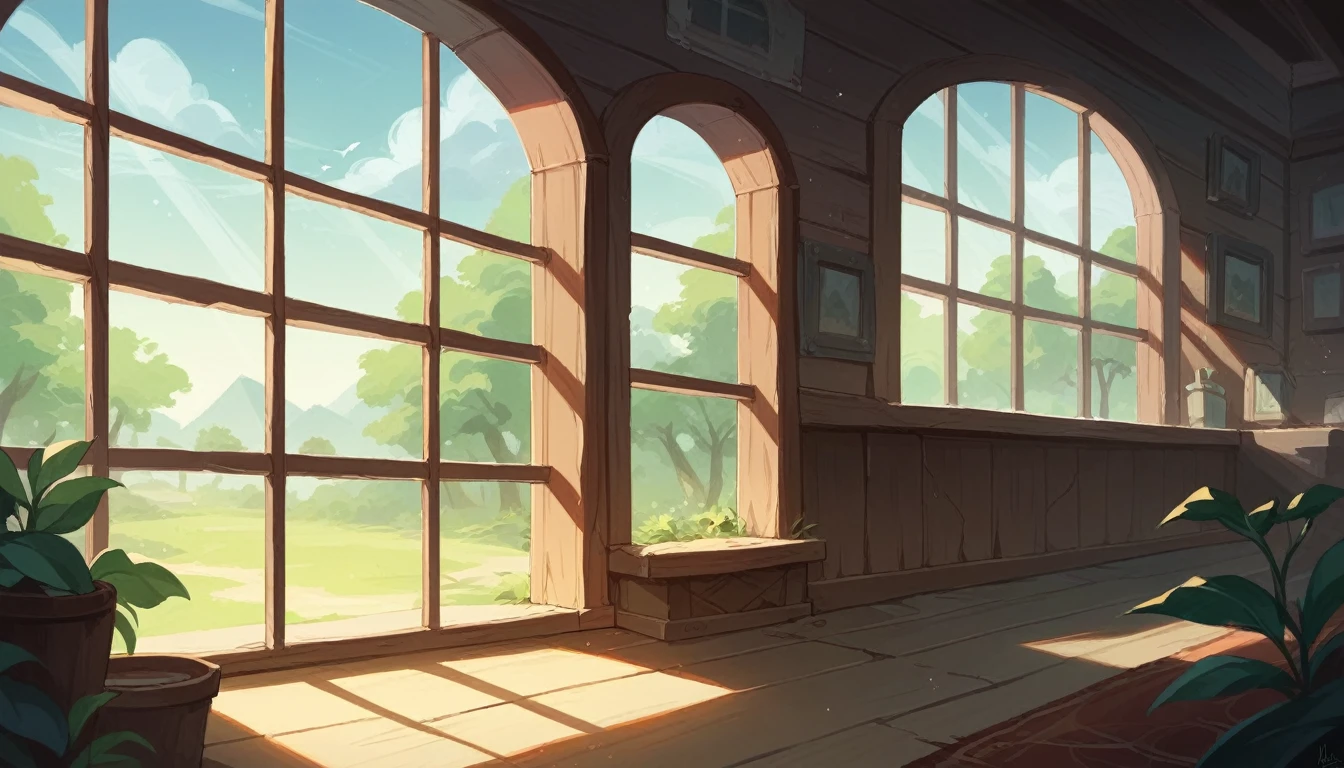 inside a warm and non-modern house, all the home appliances are old but clean, it's day time and a god ray is coming inside the house through window.
