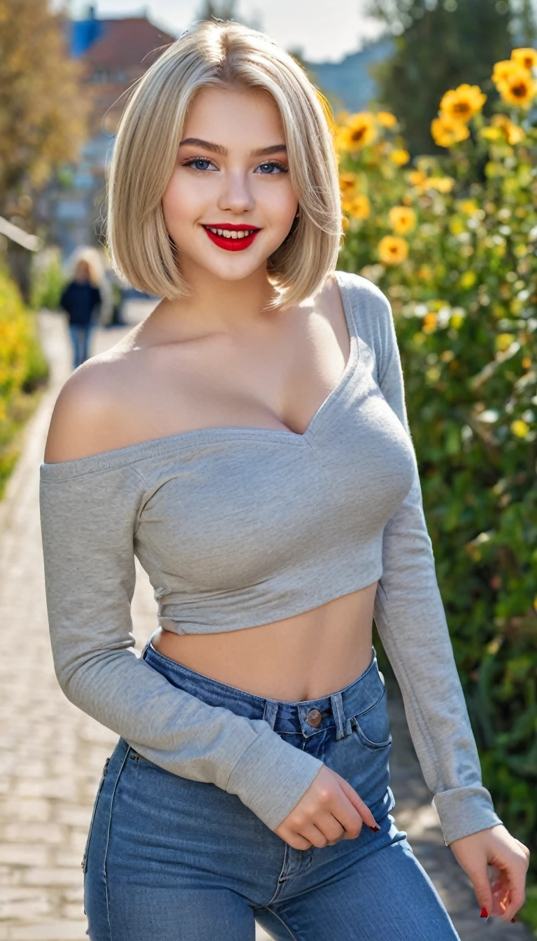 ultrarealistic high quality fullbody photo of a beautiful busty athletic european 18-year-old girl with cute hyperdetailed shy happy face and shoulder length platin-blonde classic bob and long legs, realistic round eyes, red lipgloss, decent makeup with eyeliner, wearing grey longsleeve and blue skinny jeans, hourglass body, outdoor photography, sunny day