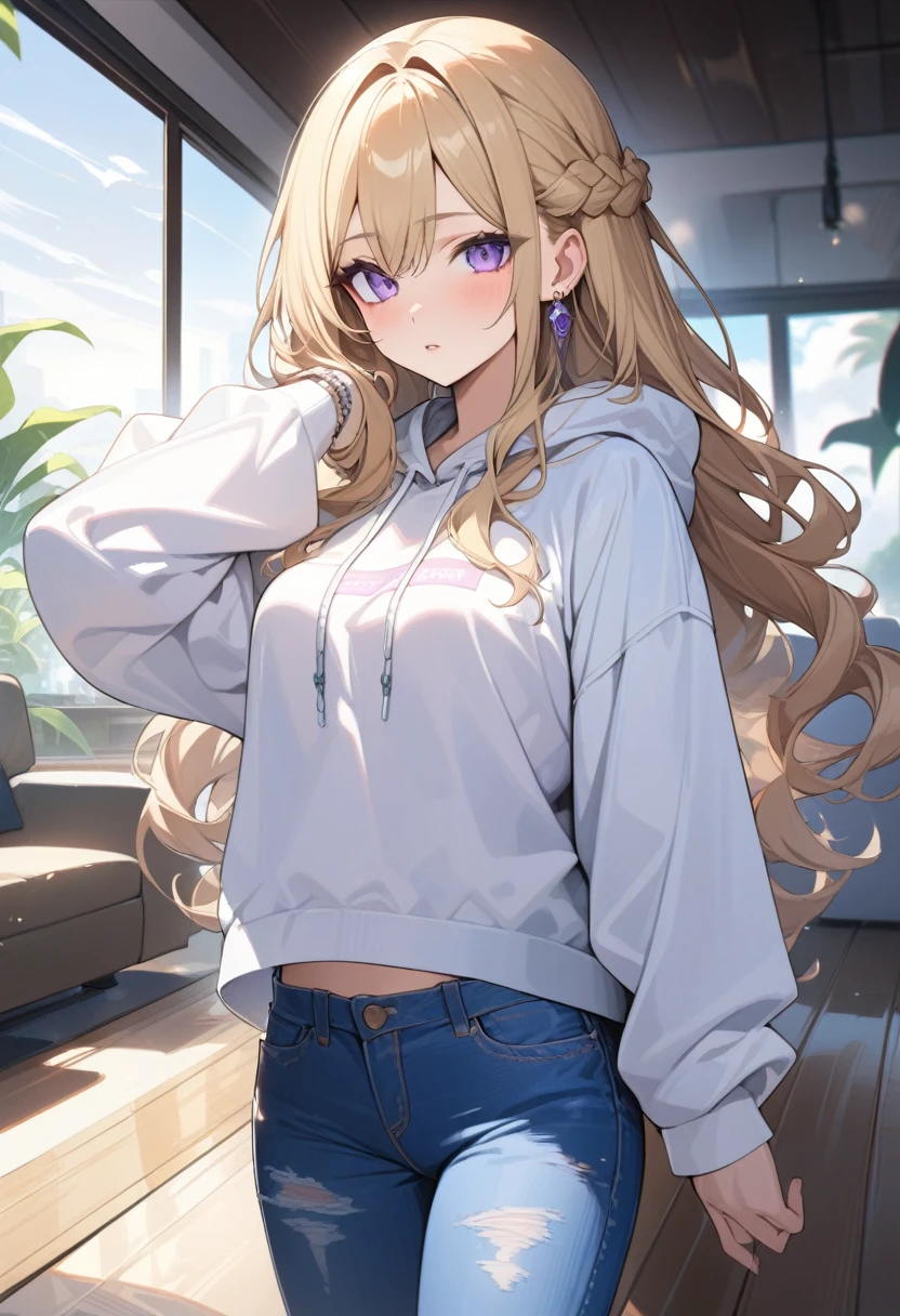 masterpiece, best quality, extremely detailed, ultra detailed, flat anime, 2D,
1girl, (young adult:1.2),blonde hair, (semi-long hair:1.2), curly hair, french braid, medium breasts, purple eyes, tsurime, height 1.7meters,
white hooded sweatshirt, jeans, earring,bracelet, long sleeves,socks,
very interesting,
upper body, portrait, (dynamic:1.2),
summer, livingroom, 12AM., standing