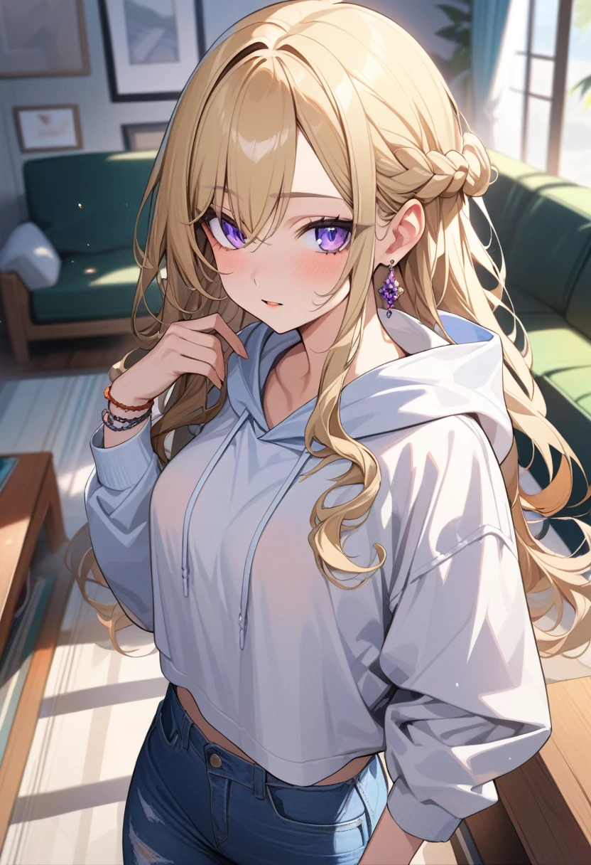 masterpiece, best quality, extremely detailed, ultra detailed, flat anime, 2D,
1girl, (young adult:1.2),blonde hair, (semi-long hair:1.2), curly hair, french braid, medium breasts, purple eyes, tsurime, height 1.7meters,
white hooded sweatshirt, jeans, earring,bracelet, long sleeves,socks,
very interesting,
upper body, portrait, (dynamic:1.2),
summer, livingroom, 12AM., standing
