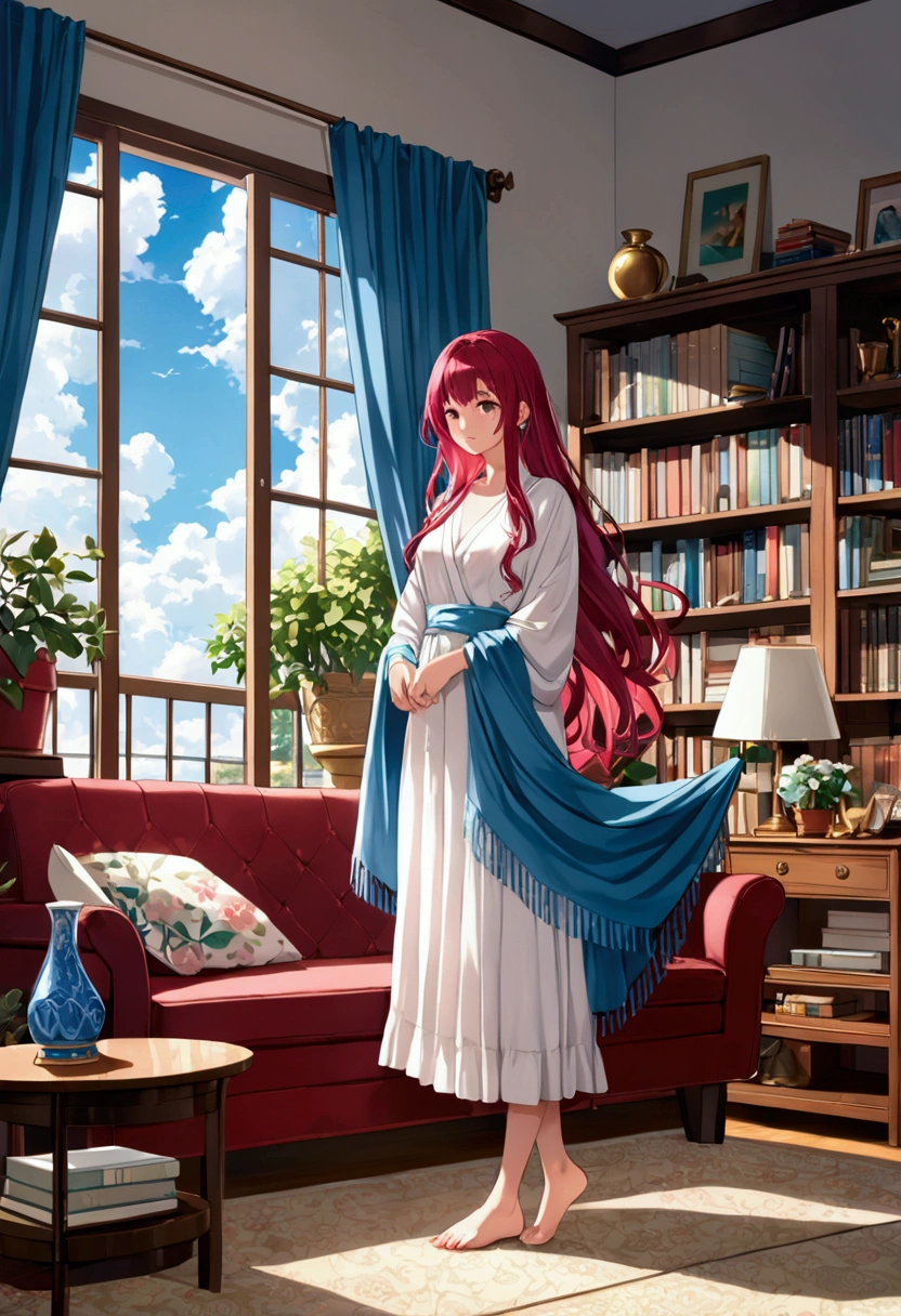 (Masterpiece, Best Quality: 1.2), (Highres: 1.1), (Highest Quality), (Master&#39;s Work), Facing Viewer, Dynamic Angle, Sky, Cloud, (1, Solo Focus: 1.4), Cute, Ornament, (Jewelry: 0.75), (Blush: 0.9), (Strap: 0 .9), barefoot, living room, sofa, window, curtains, dappled sunlight, potted plants, table, cabinet, bookcase, lamp, ahoge, (shawl, long hair, ruby colored hair, blue inner hair, shiny hair, shiny skin: 1.1),