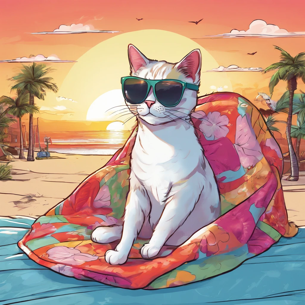 ((Cat wearing bathing suit and sunglasses)) laying a blanket on the beach, grand theft auto v loading screen art,
